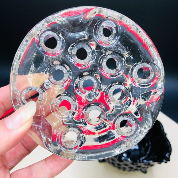 Vintage Black Glass Hobnail Footed Bowl and Clear Glass Flower Frog: Centerpiece - Picture 6 of 12